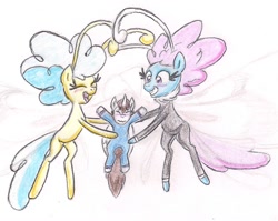 Size: 1280x1020 | Tagged: safe, artist:darcell1291, seabreeze, twirly, oc, oc:mitchy, alicorn, breezie, pony, g4, alicorn oc, dressup, horn, micro, size difference, traditional art, trio, wings