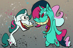 Size: 1644x1080 | Tagged: safe, artist:imiya, fizzy, gusty, unicorn, anthro, g1, duo, happy happy joy joy, open mouth, ren and stimpy, style emulation