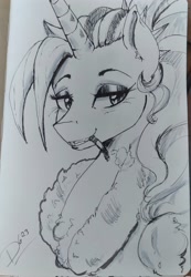Size: 1419x2048 | Tagged: safe, artist:thelunarmoon, oc, oc only, oc:dyx, alicorn, pony, bust, cigarette, female, grayscale, lidded eyes, mare, monochrome, older, older dyx, smiling, solo, traditional art