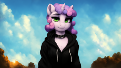 Size: 2341x1322 | Tagged: safe, ai assisted, ai content, prompter:saphkey, sweetie belle, unicorn, anthro, g4, choker, clothes, female, hoodie, horn, solo, wallpaper