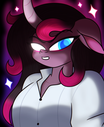 Size: 4600x5600 | Tagged: safe, artist:iceflower99, oleander (tfh), classical unicorn, unicorn, anthro, them's fightin' herds, blue eyes, clothes, cloven hooves, community related, curved horn, floppy ears, freckles, glowing, glowing eyes, horn, leonine tail, shirt, solo, unshorn fetlocks, video at source, video in description