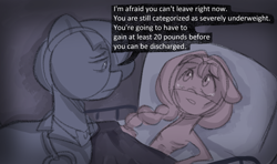 Size: 1188x704 | Tagged: safe, anonymous artist, sunny starscout, earth pony, pony, series:anorexic sunny, g5, 20, anorexia, bed, braid, braided ponytail, crying, doctor, duo, female, floppy ears, hospital, hospital bed, male, mare, ponytail, reality ensues, ribs, skinny, stallion, starvation, thin