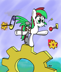 Size: 1100x1300 | Tagged: safe, artist:ebbysharp, oc, oc only, oc:ember sparks, earth pony, pony, anatomically incorrect, female, gears, incorrect leg anatomy, lever, mare, solo, steampunk