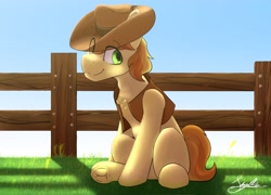 Size: 3100x2232 | Tagged: safe, artist:melodik, braeburn, earth pony, pony, g4, braebetes, cute, fence, frog (hoof), high res, hoofbutt, looking at you, male, solo, stallion, underhoof