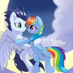 Size: 2338x2338 | Tagged: safe, artist:celedash, rainbow dash, soarin', pegasus, pony, g4, blushing, female, high res, looking at each other, looking at someone, male, mare, moon, night, romance, ship:soarindash, shipping, stallion, straight, tangible heavenly object