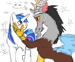 Size: 800x658 | Tagged: artist needed, safe, discord, shining armor, draconequus, pony, unicorn, g4, blushing, gay, infidelity, looking at each other, looking at someone, male, ship:shiningcord, shipping, simple background, stallion, white background