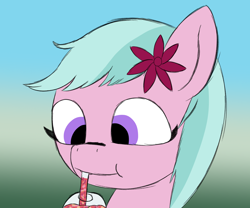 Size: 1800x1500 | Tagged: safe, artist:php176, derpibooru exclusive, dahlia, earth pony, pony, g5, adordahlia, awww, cute, drink, drinking, female, flower, flower in hair, gradient background, happy, looking at something, looking down, mare, no shading, smiling, solo, straw, wip