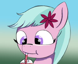 Size: 1800x1500 | Tagged: safe, artist:php176, derpibooru exclusive, dahlia, earth pony, pony, g5, adordahlia, awww, cute, drink, drinking, female, finished version, flower, flower in hair, gradient background, happy, looking at something, looking down, mare, shading, smiling, solo, straw