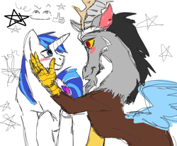 Size: 800x658 | Tagged: artist needed, safe, discord, shining armor, draconequus, pony, unicorn, g4, blushing, gay, infidelity, looking at each other, looking at someone, male, ship:shiningcord, shipping, simple background, stallion, white background