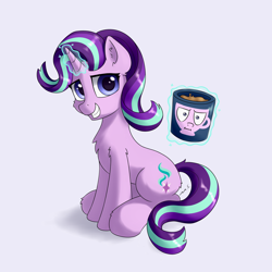 Size: 3600x3600 | Tagged: safe, artist:mercurysparkle, starlight glimmer, pony, unicorn, g4, :i, cheek fluff, chest fluff, chocolate, cup, drink, ear fluff, empathy cocoa, female, food, glowing, glowing horn, high res, horn, hot chocolate, i mean i see, levitation, looking at you, magic, magic aura, mare, meme, mug, simple background, sitting, smiling, smiling at you, solo, teacup, telekinesis, white background