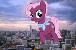 Size: 2048x1363 | Tagged: safe, anonymous editor, artist:cheezedoodle96, edit, jasmine leaf, earth pony, pony, g4, background pony, bangkok, clothes, female, giant pony, giant/macro earth pony, giantess, highrise ponies, irl, macro, mare, mega giant, neckerchief, photo, ponies in real life, raised hoof, scarf, solo, story included, thailand
