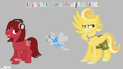 Size: 7111x4000 | Tagged: safe, artist:melisareb, part of a set, breezie, classical hippogriff, earth pony, hippogriff, pony, .svg available, 16:9, a, absurd resolution, alphabet lore, breeziefied, c, classical hippogriffied, clothes, crossover, flying, gray background, headphones, hippogriffied, jewelry, male, necklace, one wing out, ponified, scarf, shorts, simple background, species swap, stallion, sticky note, teeth, trio, trio male, vector, watch, wings, 🅱