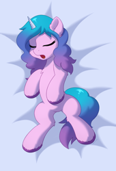 Size: 1500x2200 | Tagged: safe, alternate version, artist:mercurysparkle, izzy moonbow, pony, unicorn, g5, bed, cheek fluff, chest fluff, cute, eyes closed, female, leg fluff, lying down, mare, on back, on bed, open mouth, sleeping, solo