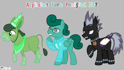 Size: 7111x4000 | Tagged: safe, artist:melisareb, part of a set, bat pony, donkey, pegasus, pony, g4, .svg available, 16:9, alphabet lore, angry, bandage, bandana, blaze (coat marking), clothes, coat markings, collar, crossover, d, donkified, e, f, facial markings, fangs, gray background, hat, male, party hat, raised hoof, simple background, smiling, species swap, spiked collar, spiked wristband, stallion, teeth, topwear, trio, trio male, vector, wings, wristband