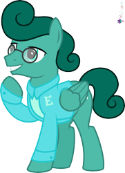 Size: 4000x5529 | Tagged: safe, artist:melisareb, part of a set, pegasus, pony, g4, .svg available, alphabet lore, clothes, crossover, e, lidded eyes, male, raised hoof, simple background, smiling, solo, species swap, stallion, teeth, topwear, transparent background, vector, wings