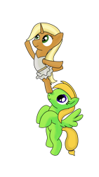 Size: 1440x2560 | Tagged: safe, artist:trixiecutiepox, oc, oc only, oc:aurora lulamoon, oc:candy meow, pegasus, pony, unicorn, brown fur, clothes, dress, duo, female, filly, foal, green eyes, green fur, horn, mare, pegasus oc, purple eyes, simple background, smiling, standing, standing on one leg, standing on two hooves, tail, tail band, transparent background, two toned mane, two toned tail, unicorn oc, wings, yellow hair