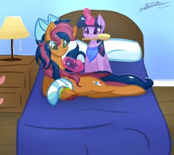 Size: 3364x2999 | Tagged: safe, artist:staceyld636, twilight sparkle, oc, oc:solar comet, alicorn, pegasus, pony, g4, bed, bedroom, bow, brush, clothes, commission, duo, hair bow, high res, lying down, magic, mouth hold, pegasus oc, smiling, sock, socks, striped socks, twilight sparkle (alicorn)