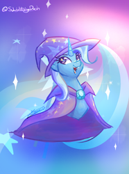 Size: 3008x4052 | Tagged: safe, artist:staceyld636, trixie, pony, unicorn, g4, bust, cape, clothes, female, hat, looking back, mare, solo