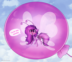 Size: 3195x2764 | Tagged: safe, artist:madelinne, oc, oc only, oc:emilia starsong, breezie, pony, balloon, breeziefied, helium voice, high res, sky, solo, species swap