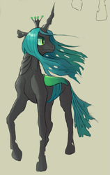 Size: 489x773 | Tagged: safe, artist:felfox, queen chrysalis, changeling, changeling queen, g4, crown, female, horn, jewelry, looking over shoulder, raised hoof, regalia, simple background, slit pupils, solo, tan background