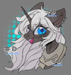 Size: 550x580 | Tagged: safe, oc, oc:玖柠, pony, :d, bust, clothes, ear fluff, ear piercing, ears back, eyes open, glasses, long mane, open mouth, open smile, piercing, portrait, scarf, smiling