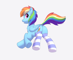 Size: 2782x2282 | Tagged: safe, alternate version, artist:mercurysparkle, rainbow dash, pegasus, pony, g4, backwards cutie mark, butt, chest fluff, clothes, dock, ear fluff, female, folded wings, high res, looking back, mare, plot, rainbutt dash, simple background, socks, solo, striped socks, tail, white background, wings