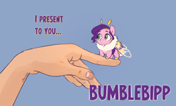 Size: 2920x1768 | Tagged: safe, artist:jewellier, pipp petals, bee pony, bumblebee, human, hybrid, original species, pony, g5, adorapipp, antennae, blue background, bumblebipp, chest fluff, chibi, cute, female, female focus, hand, high res, hnnng, human pov, innocent, insect wings, it begins, offscreen character, offscreen human, pipp is short, pipp is smol, signature, simple background, smol, solo focus, species swap, talking to viewer, text, tiny, tiny ponies, wings