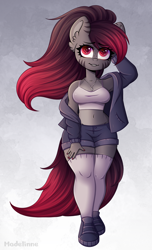 Size: 2000x3300 | Tagged: safe, artist:madelinne, oc, oc:madelinne, anthro, anthro oc, belly button, clothes, high res, long hair, midriff, short shirt, socks, solo