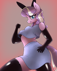 Size: 2000x2500 | Tagged: safe, alternate version, artist:naen, diamond tiara, earth pony, anthro, plantigrade anthro, g4, bra, bunny ears, clothes, female, gloves, high res, latex, latex gloves, latex stockings, looking at you, looking down, looking down at you, mare, older, older diamond tiara, shirt, skirt, smiling, solo, stockings, thigh highs, underwear