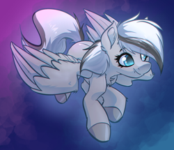 Size: 2664x2288 | Tagged: safe, artist:witchtaunter, oc, oc only, oc:silver edge, pegasus, pony, abstract background, chest fluff, commission, cute, ear fluff, fangs, flying, high res, solo, spread wings, wings
