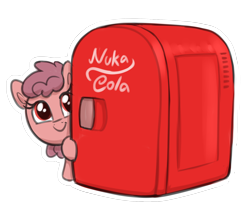 Size: 1656x1398 | Tagged: safe, artist:heretichesh, earth pony, pony, fallout, female, filfil, filly, foal, nuka cola, peeking, refrigerator, simple background, small, smiling, solo, transparent background