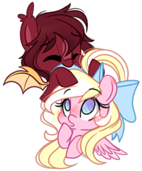 Size: 2295x2763 | Tagged: safe, artist:emberslament, oc, oc only, oc:bay breeze, oc:meteor glow, bat pony, pegasus, pony, bow, chibi, female, hair bow, high res, mare, simple background, transparent background