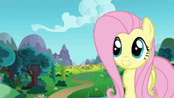Size: 1920x1080 | Tagged: safe, artist:oxinfree, fluttershy, butterfly, pegasus, pony, g4, animated, blinking, cloud, cute, eye shimmer, female, mare, mountain, no sound, ponyville, scenery, show accurate, shyabetes, sky, smiling, solo, tree, wallpaper, wallpaper engine, webm