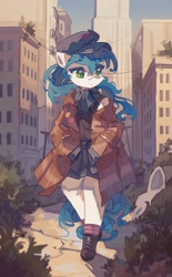 Size: 1272x2048 | Tagged: safe, artist:saxopi, oc, oc only, oc:cynosura, semi-anthro, arm hooves, building, city, clothes, commission, hat, jacket, shoes, socks, solo, walking