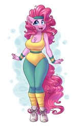Size: 2208x3508 | Tagged: safe, artist:dandy, pinkie pie, earth pony, anthro, unguligrade anthro, g4, aerobics, belt, big breasts, blushing, breasts, busty pinkie pie, chest fluff, cleavage, clothes, ear fluff, female, happy, headband, heart, heart eyes, high res, leg warmers, leggings, leotard, looking at you, open mouth, open smile, pants, shoes, simple background, smiling, sneakers, socks, solo, spandex, white background, wingding eyes, wristband, yellow leotard