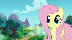 Size: 1920x1080 | Tagged: safe, fluttershy, butterfly, pegasus, pony, g4, animated, blinking, cloud, cute, eye shimmer, female, mare, mountain, no sound, palindrome get, path, ponyville, scenery, show accurate, shyabetes, smiling, solo, tree, wallpaper, wallpaper engine, webm
