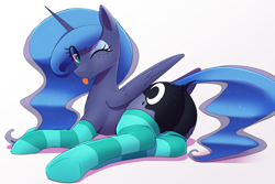 Size: 1500x1000 | Tagged: safe, artist:thebatfang, princess luna, alicorn, pony, ;p, adorasexy, butt, butt freckles, clothes, cute, dock, eye clipping through hair, female, folded wings, freckles, horn, looking at you, lying down, lying on the ground, mare, moonbutt, one eye closed, plot, sexy, simple background, smiling, socks, solo, striped socks, tail, tongue out, white background, wings, wink, winking at you