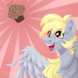 Size: 3000x3000 | Tagged: safe, artist:silverfir111, derpy hooves, pegasus, pony, g4, bait, chest fluff, ear fluff, feather, female, food, high res, muffin