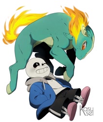Size: 1327x1567 | Tagged: safe, artist:kasusei, tianhuo (tfh), dragon, hybrid, longma, them's fightin' herds, bone, community related, crossover, duo, female, male, mane of fire, one eye closed, sans (undertale), simple background, skeleton, tail, tail of fire, undertale, white background, wink