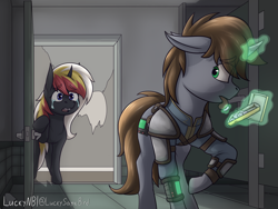 Size: 4000x3000 | Tagged: safe, alternate version, artist:luckynb, oc, oc only, oc:littlepip, oc:velvet remedy, pony, unicorn, fallout equestria, bathroom, clothes, drug use, drugs, fanfic art, glowing, glowing horn, horn, jumpsuit, magic, mint-als, pipbuck, telekinesis, textless, vault suit