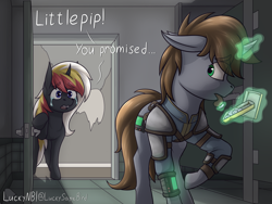Size: 4000x3000 | Tagged: safe, artist:luckynb, oc, oc only, oc:littlepip, oc:velvet remedy, pony, unicorn, fallout equestria, addiction, bathroom, clothes, crying, dialogue, drug use, drugs, fanfic art, glowing, glowing horn, horn, jumpsuit, magic, mint-als, pipbuck, telekinesis, vault suit