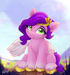 Size: 1960x2100 | Tagged: safe, artist:rivin177, pipp petals, pegasus, pony, g5, adorapipp, blurry background, cloud, colored eyebrows, crown, cute, ears, eyebrows, female, glare, grass, high res, hill, jewelry, looking at you, mare, pipp is short, regalia, scenery, sitting, smiling, smiling at you, solo, spread wings, unshorn fetlocks, wide eyes, wings
