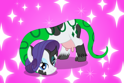 Size: 3187x2125 | Tagged: safe, artist:badumsquish, derpibooru exclusive, rarity, chimera, cow, cow pony, hybrid, monster pony, original species, pony, snake, snake pony, g4, abstract background, bedroom eyes, cattlesnake, cloven hooves, cowprint, eyeshadow, fabulous, female, high res, long neck, looking at you, makeup, mare, mother 3, necc, ponified, raricow, rarisnake, show accurate, snake tail, solo, sparkles, species swap, tail, udder, unshorn fetlocks, video game, video game reference