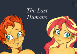 Size: 2039x1446 | Tagged: safe, artist:natt333, sunburst, sunset shimmer, human, fanfic:the last humans, equestria girls, g4, accessory, author:shakespearicles, blushing, brother, brother and sister, clothes, cover art, duo, equestria girls-ified, eyebrows, eyelashes, eyes open, facial hair, family, fanfic, fanfic art, female, fimfiction, glasses, goatee, grin, implied inbreeding, implied incest, implied sex, implied shipping, inbreeding, incest, lip bite, logo, looking, looking away, male, nervous, nervous smile, nudity, partial nudity, shakespearicles, shimmerburst, shipping, siblings, signature, simple background, sister, smiling, straight, sunny siblings, sweat, sweatdrop, teeth, text, the last humans, topless, wall of tags, wings, xk-class end-of-the-world scenario
