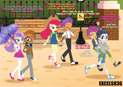 Size: 1105x782 | Tagged: safe, artist:excelso36, apple bloom, button mash, rumble, scootaloo, sweetie belle, tender taps, human, equestria girls, g4, applejack's hat, casual, clothes, commission, converse, cowboy hat, dialogue, equestria girls-ified, female, hat, lidded eyes, long socks, male, microskirt, miniskirt, missing accessory, oblivious, park, pleated skirt, ship:rumbloo, ship:sweetiemash, shipping, shoes, skirt, socks, straight, suspenders, tenderbloom, thigh highs, thigh socks, umbrella