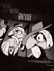 Size: 1050x1400 | Tagged: safe, artist:provolonepone, applejack, earth pony, pony, comic:sapphic story, g4, applejack's hat, comic, cowboy hat, hat, looking at you, monochrome, rain, scared, solo, wet
