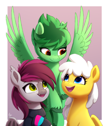 Size: 2000x2300 | Tagged: safe, artist:luminousdazzle, oc, oc:silvia, oc:sunny clouds, oc:velvet hooves, bat pony, pegasus, pony, bat pony oc, bust, fangs, female, flying, folded wings, freckles, high res, looking at each other, looking at someone, mare, pegasus oc, simple background, sitting, smiling, spread wings, trio, unshorn fetlocks, wings