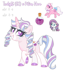 Size: 1327x1551 | Tagged: safe, artist:mint-light, artist:vernorexia, potion nova, oc, pony, unicorn, g1, g4.5, adoptable, adoptable open, auction, base used, coat markings, colored hooves, curly mane, fusion, gradient horn, hooves, horn, multicolored hair, next generation, pigtails, price, request, simple background, socks (coat markings), solo, transparent background