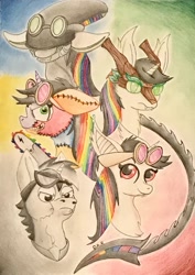 Size: 2225x3146 | Tagged: safe, artist:gracefulart693, oc, oc only, oc:lightning bliss, alicorn, alien, bat pony, pony, timber wolf, xenomorph, alicorn oc, alien (franchise), bust, chest fluff, clothes, costume, female, goggles, high res, horn, mare, multeity, multicolored hair, rainbow hair, traditional art, wings