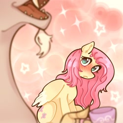 Size: 2048x2048 | Tagged: safe, artist:nkasmia, discord, fluttershy, draconequus, pegasus, pony, g4, beard, blushing, cup, duo, facial hair, female, glare, high res, implied discoshy, implied shipping, implied straight, laughing, mare, stars, teacup, teeth